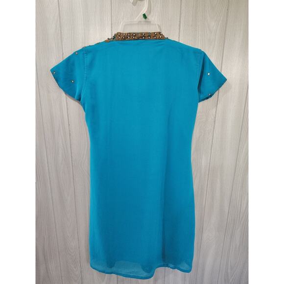 Indian Blue Sequin Jeweled Gold XL Embroidered Tunic Top Turquoise Ornate Saree - Picture 4 of 8